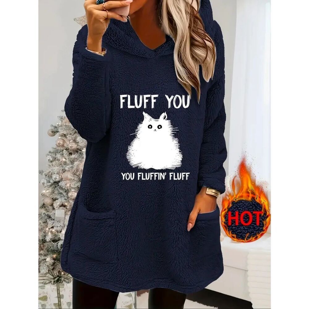 NWT XL Navy Blue White Cat “YOU FLUFFING FLUFF Teddy Hoodie Pockets Sweatshirt